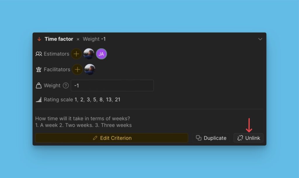 Option zum Aufheben der Verknüpfung des Kriteriums