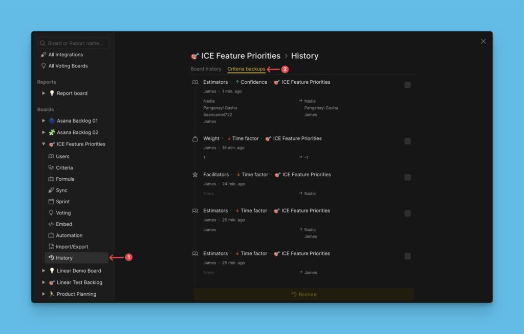 Verlauf der Kriterien-Backups