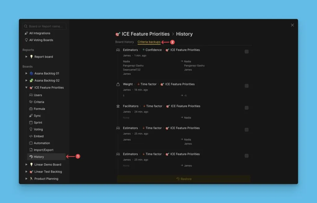基準のバックアップ履歴