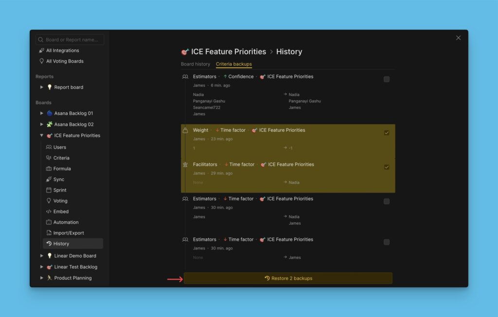 Option zum Wiederherstellen des Backups
