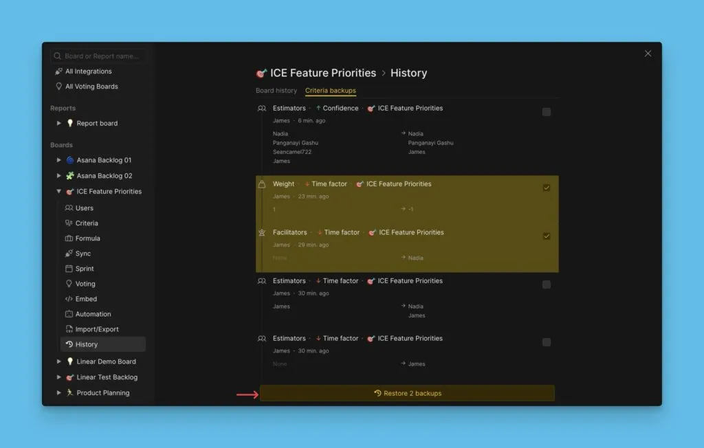 バックアップの復元オプション