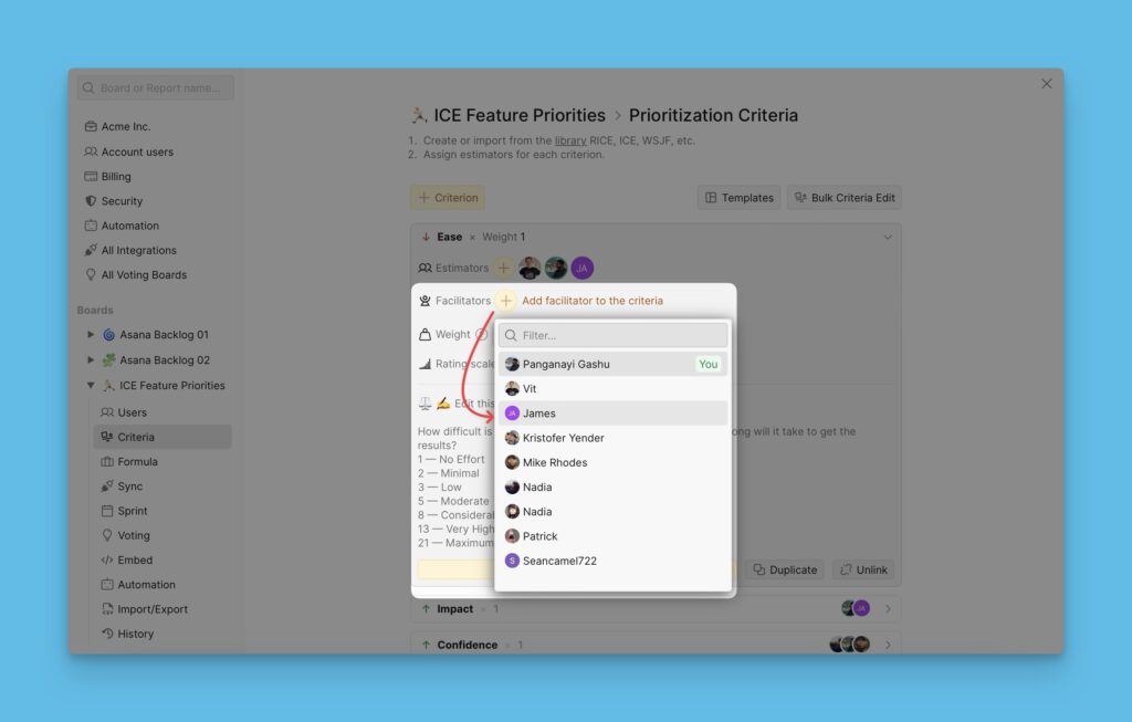 Schaltfläche zum Hinzufügen von Facilitatoren in den Kriteriumeinstellungen