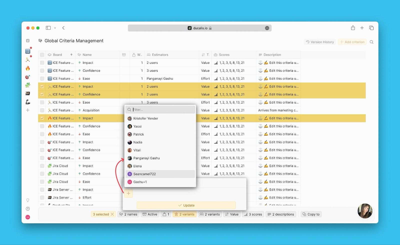 Dropdown zur Facilitator-Auswahl