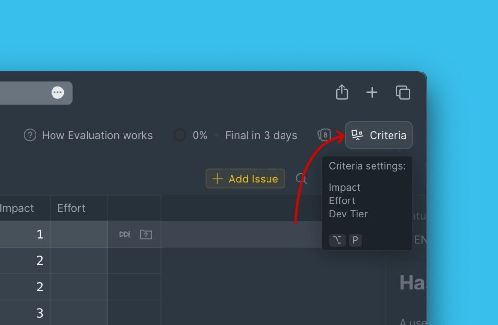 Position des Menüs für Kriterieneinstellungen