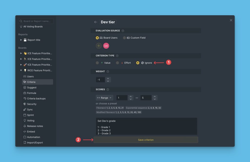 Ignorieren-Option im Dropdown für Kriteriumtyp