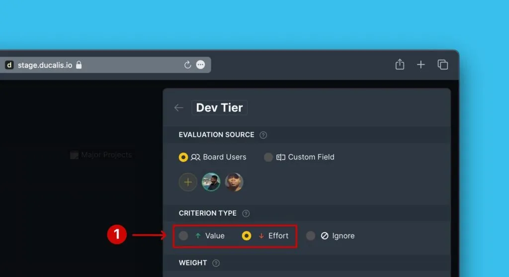 基準の価値または工数タイプの選択