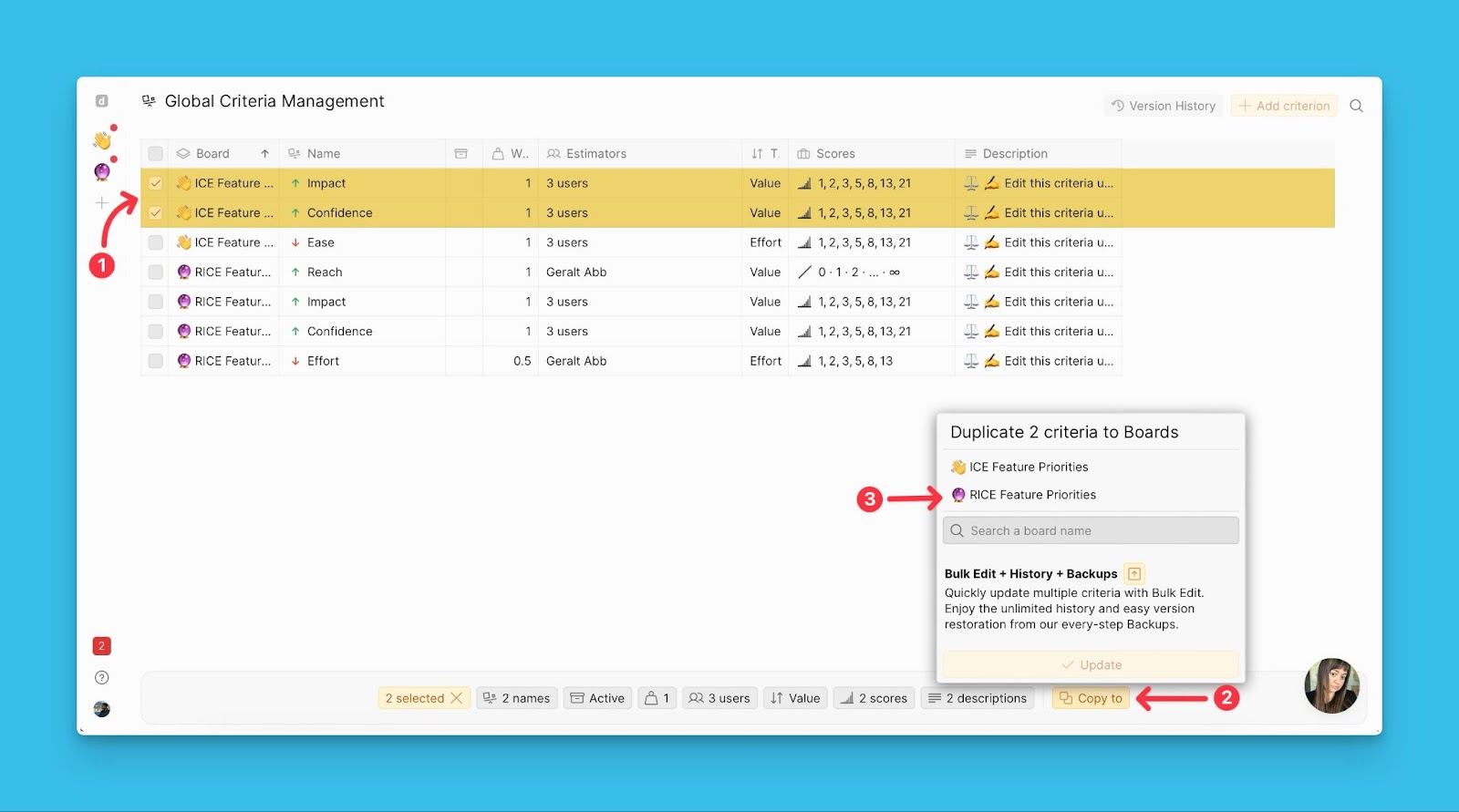 Globale Kriterien-Management-Seite zeigt Optionen zum Massenkopieren