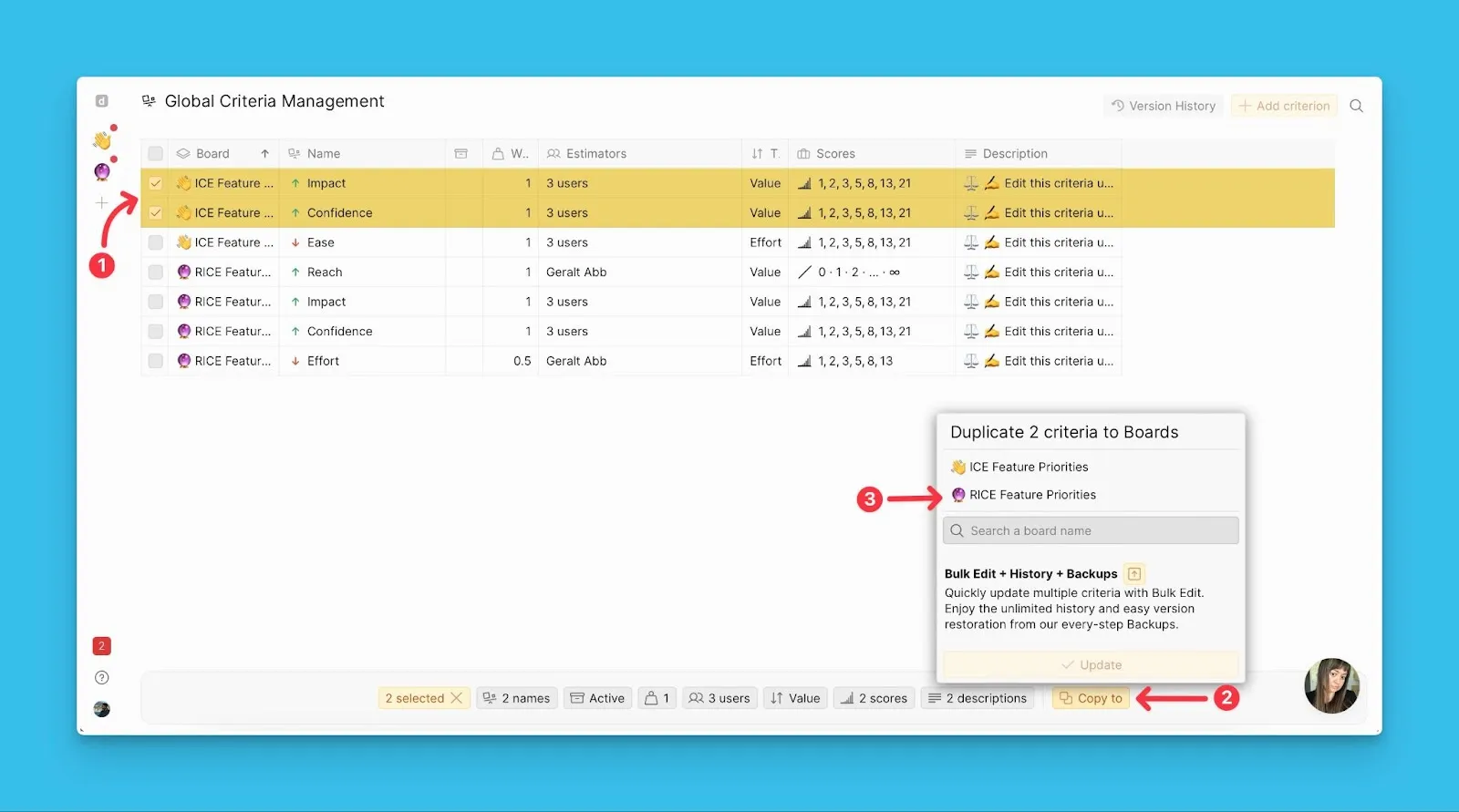 一括コピーオプションを表示するグローバル基準管理ページ