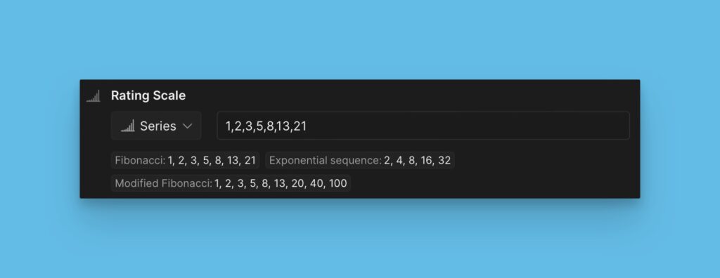 Voreinstellungen für Bewertungsskalen inklusive Fibonacci und T-Shirt-Größen