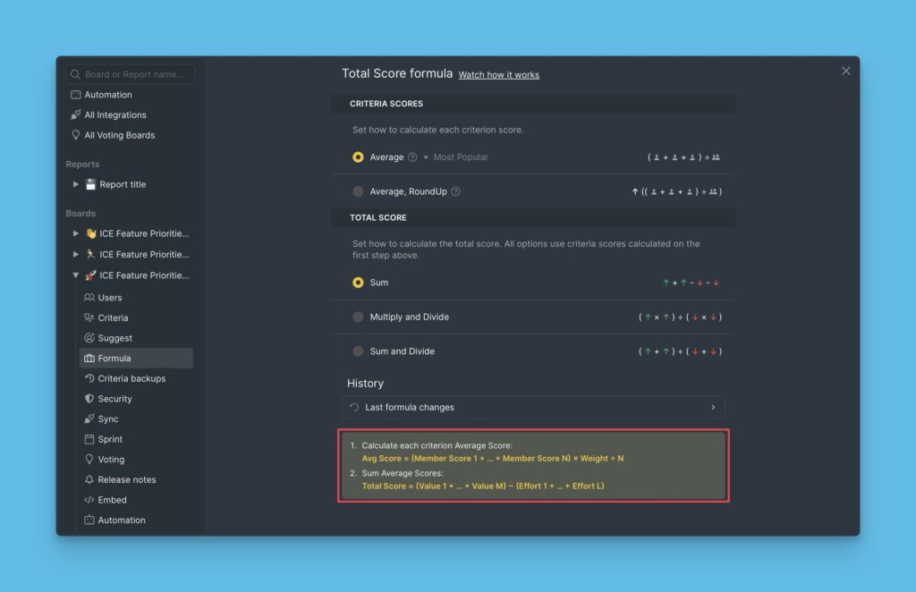 Formel-Hinweise am unteren Ende der Einstellungen