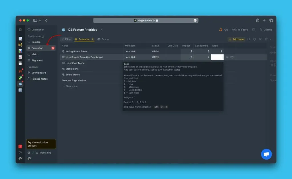 スコア付けされた課題が表示された評価ページ