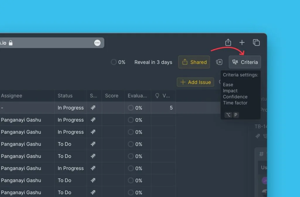 優先順位付けメニューの基準設定の場所