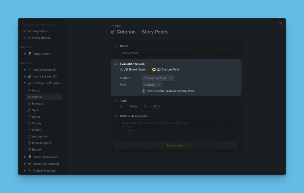 Benutzerdefinierte Feld-Option ausgewählt