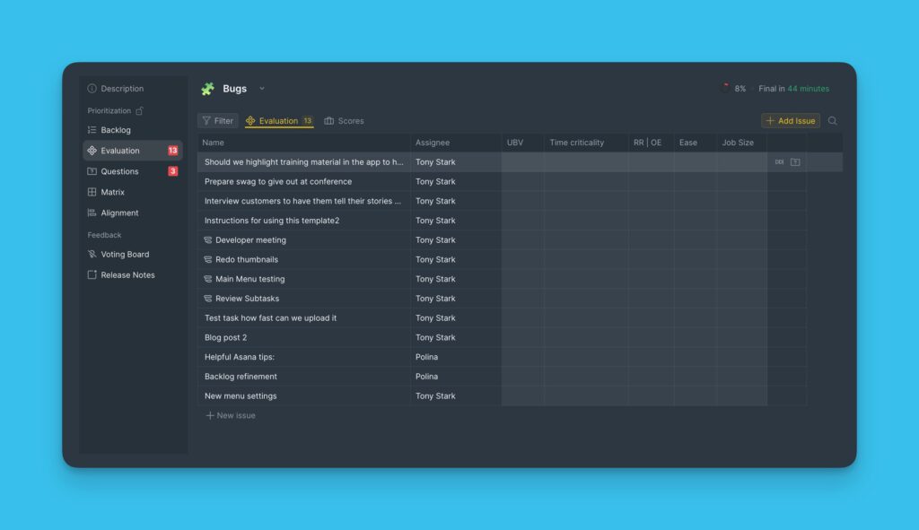 Bewertungsseite ohne benutzerdefinierte Feldkriterien
