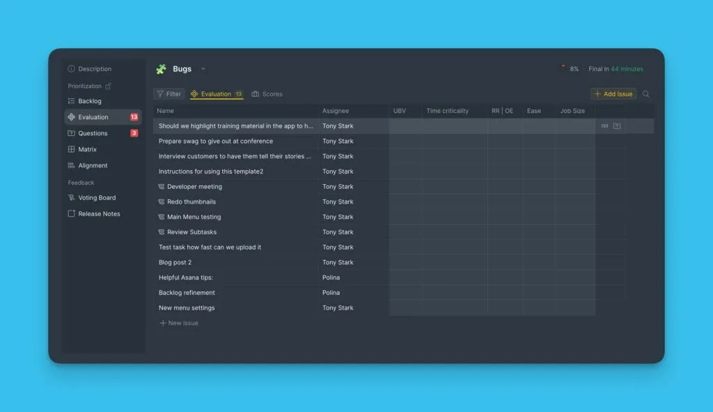カスタムフィールド基準が表示されていない評価ページ