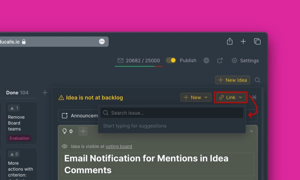 Dialog zum Verknüpfen der Idee mit Suchfeld für Vorgänge