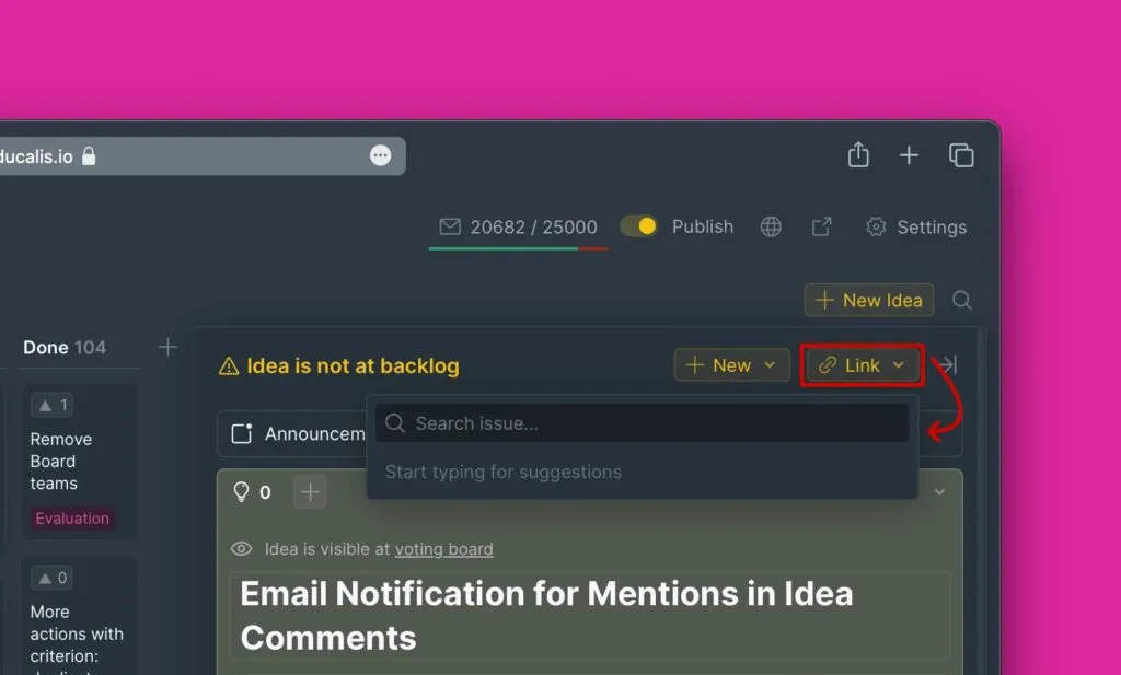 課題検索フィールドを含むアイデアリンクダイアログ