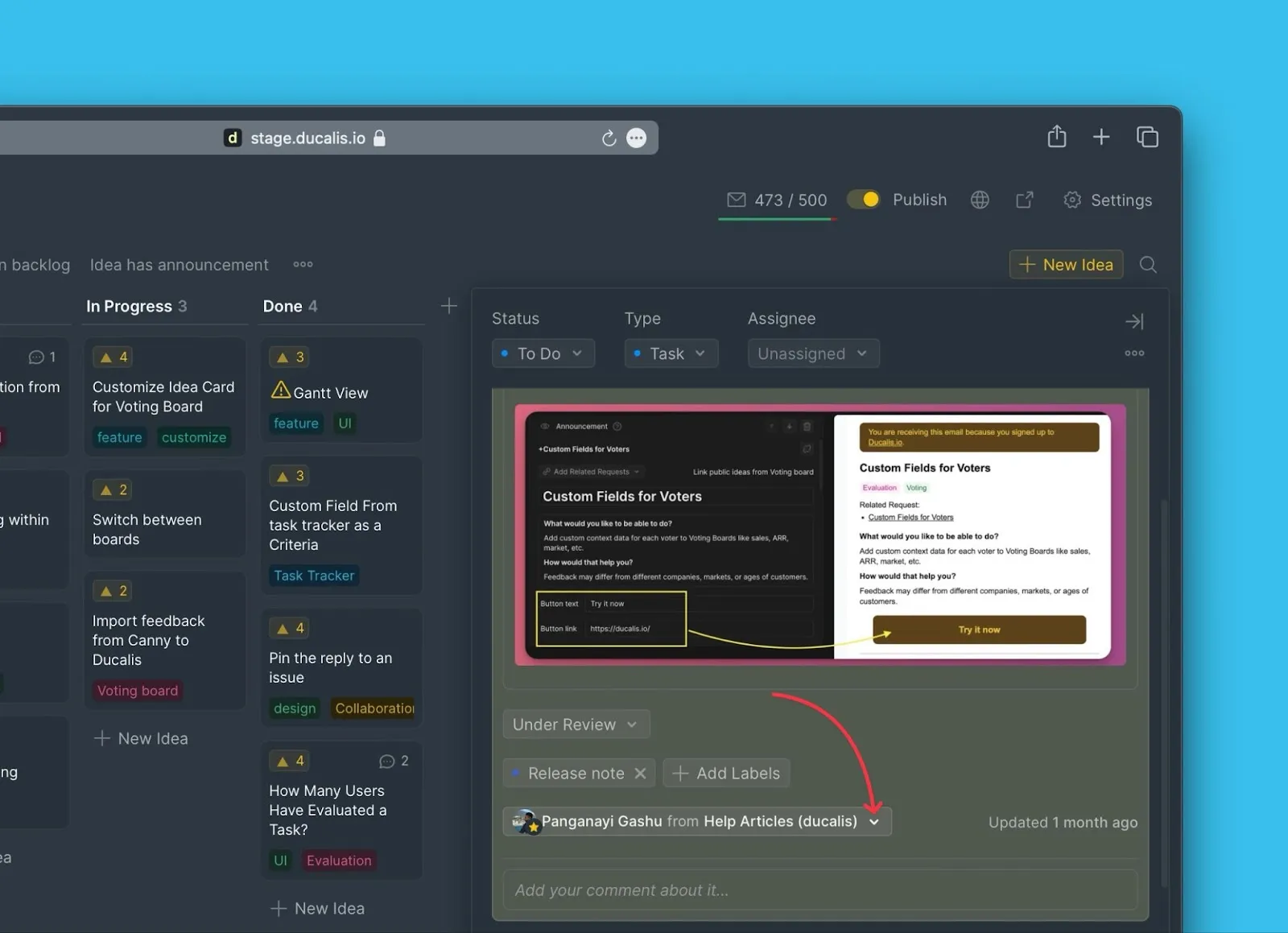 アイデアカード内の作成者ドロップダウン