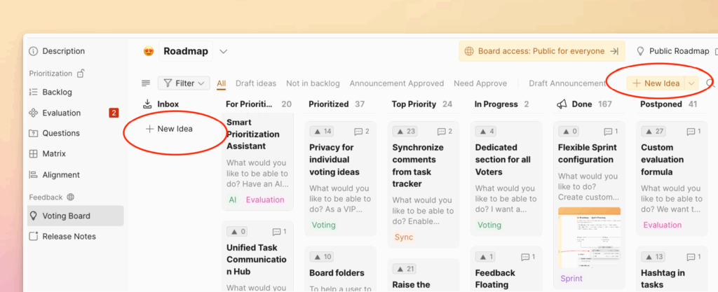 「新しいアイデア」ボタンの場所