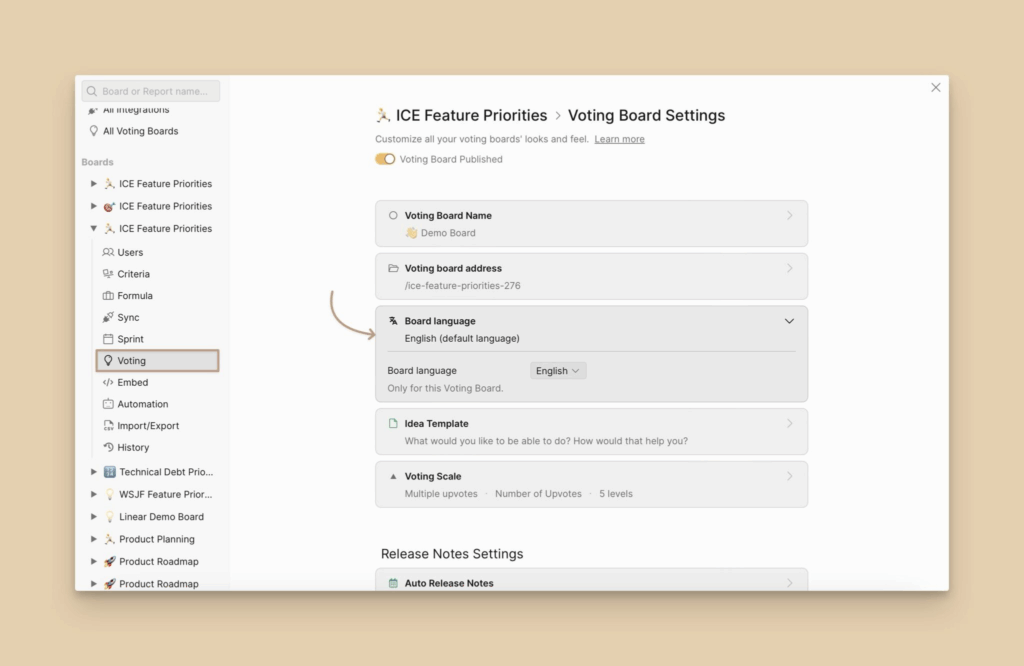 Spracheinstellungen für Voting Board