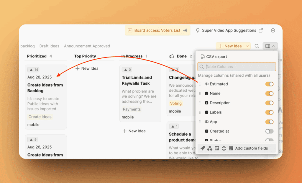 Oberfläche zum Neuanordnen von Feldern