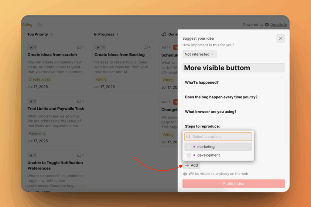 カスタムフィールド付きアイデア作成フォームの投票者表示