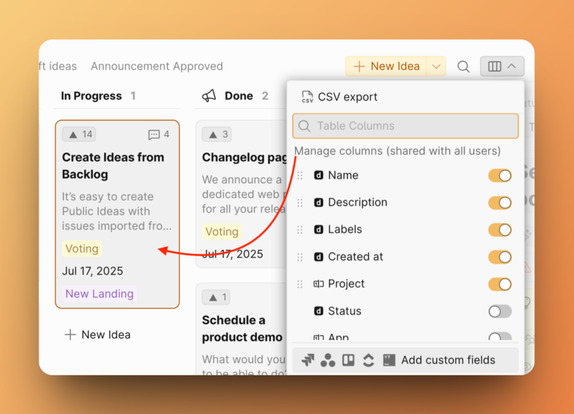 Position des Menüs Spaltenverwaltung