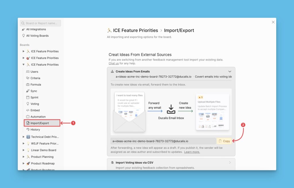 Einstellungsseite mit dem Speicherort der E-Mail-Adresse des Voting Boards