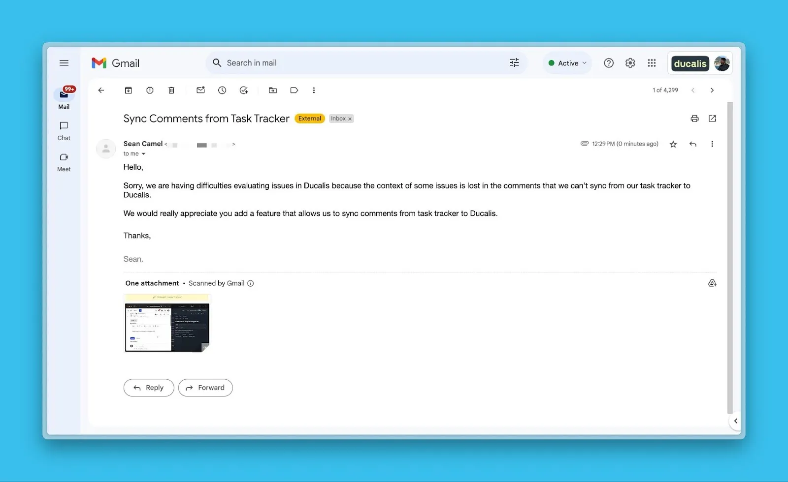 機能リクエストを含む顧客メールの例