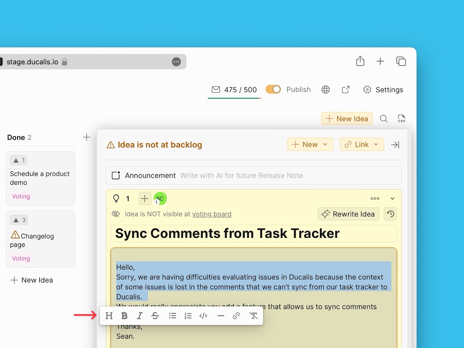 Admin-Ansicht mit Ideenentwurf zur Bearbeitung