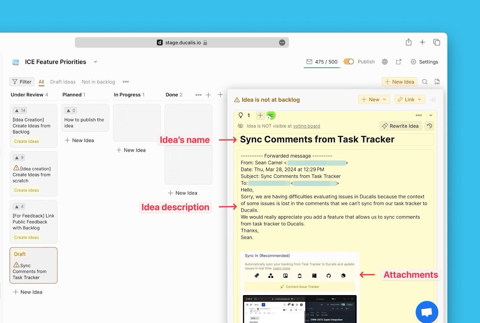 Ideenentwurf mit E-Mail-Inhalt als Titel und Beschreibung