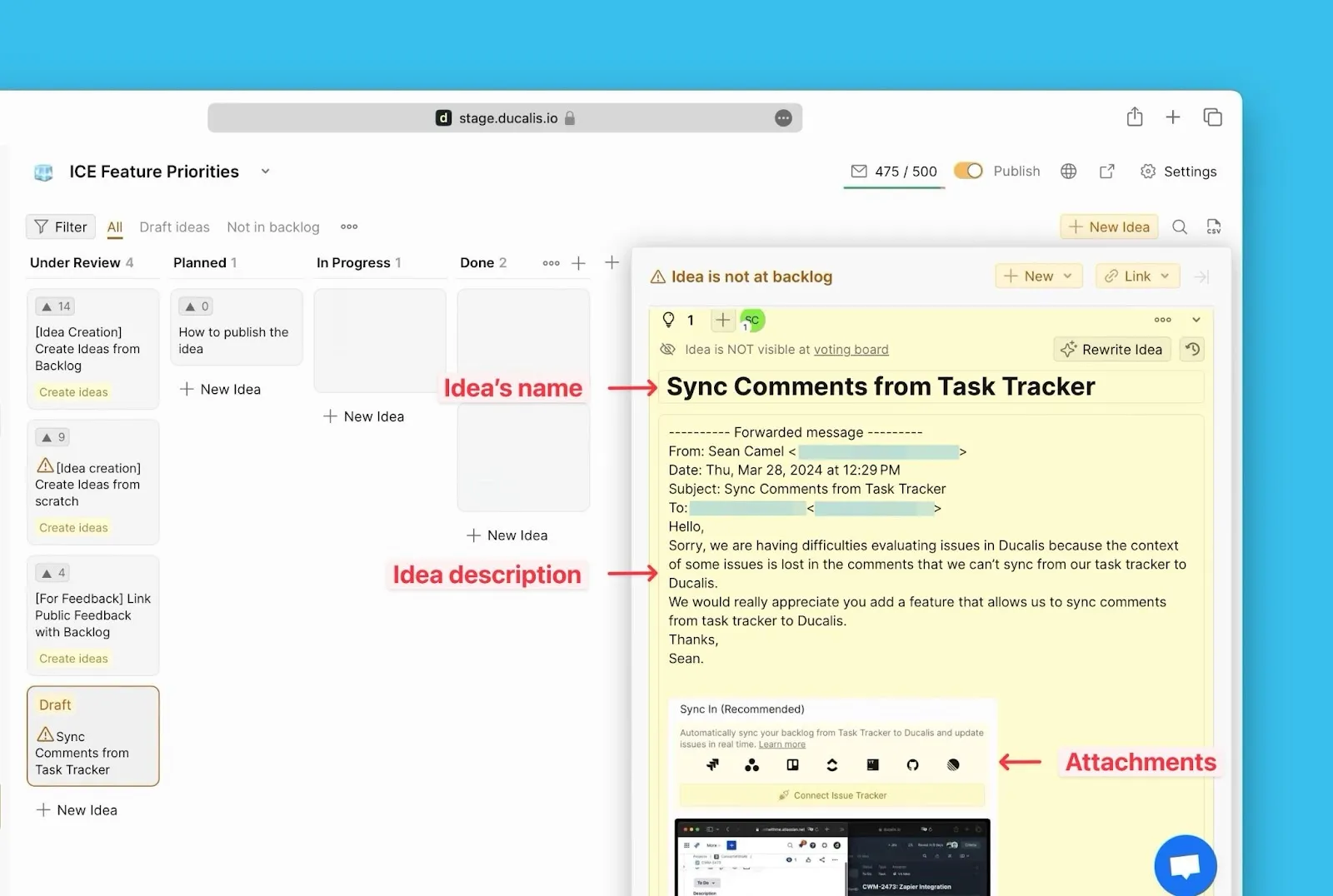 メール内容がタイトルと説明として表示された下書きアイデア