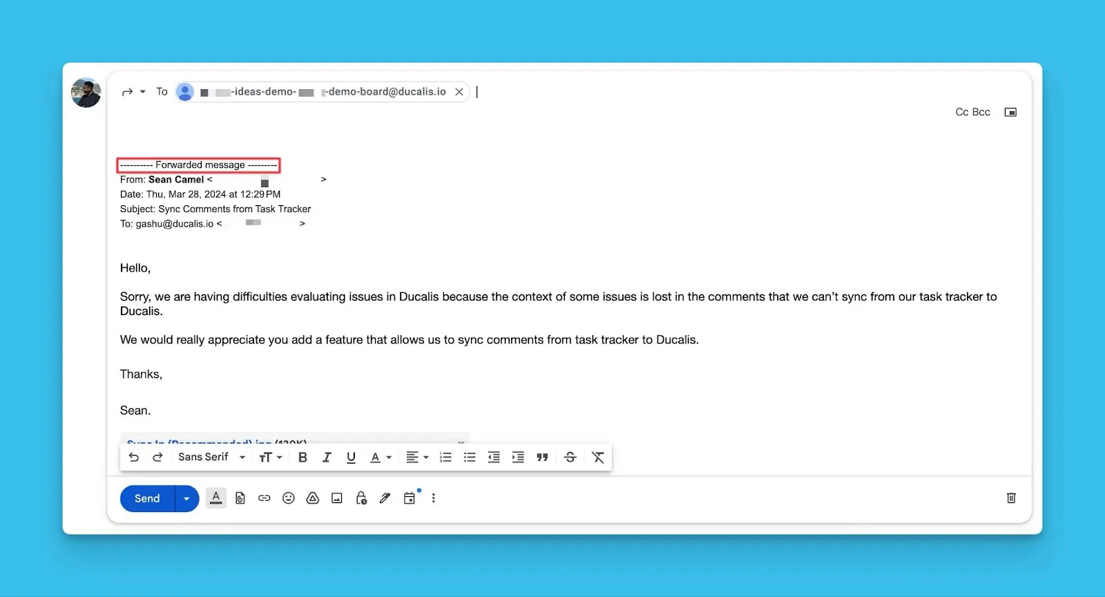 投票ボードアドレスへの転送を示すメールクライアント