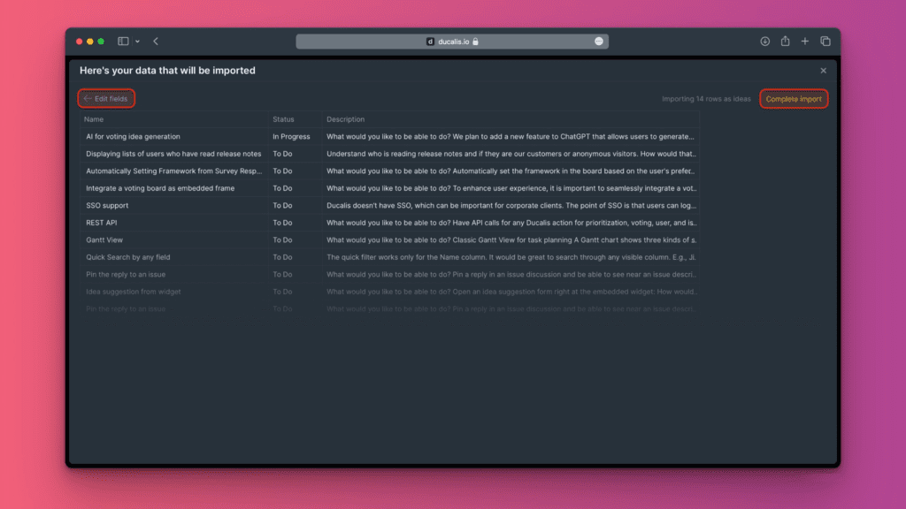Import-abschließen-Button