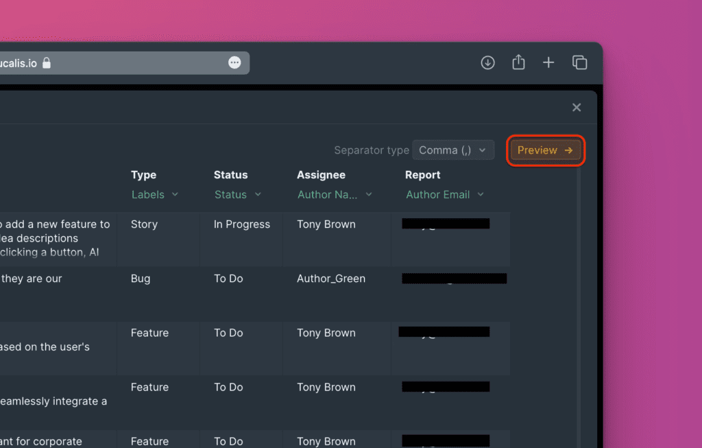 インポートデータのプレビュー
