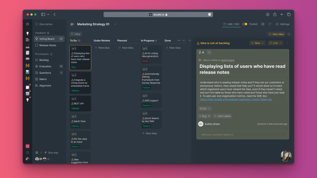 Importierte Ideen auf dem Voting Board