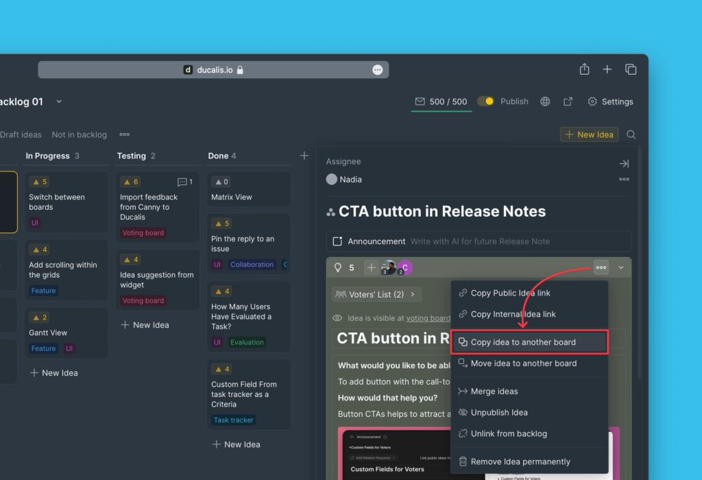 Option zum Kopieren der Idee im Menü