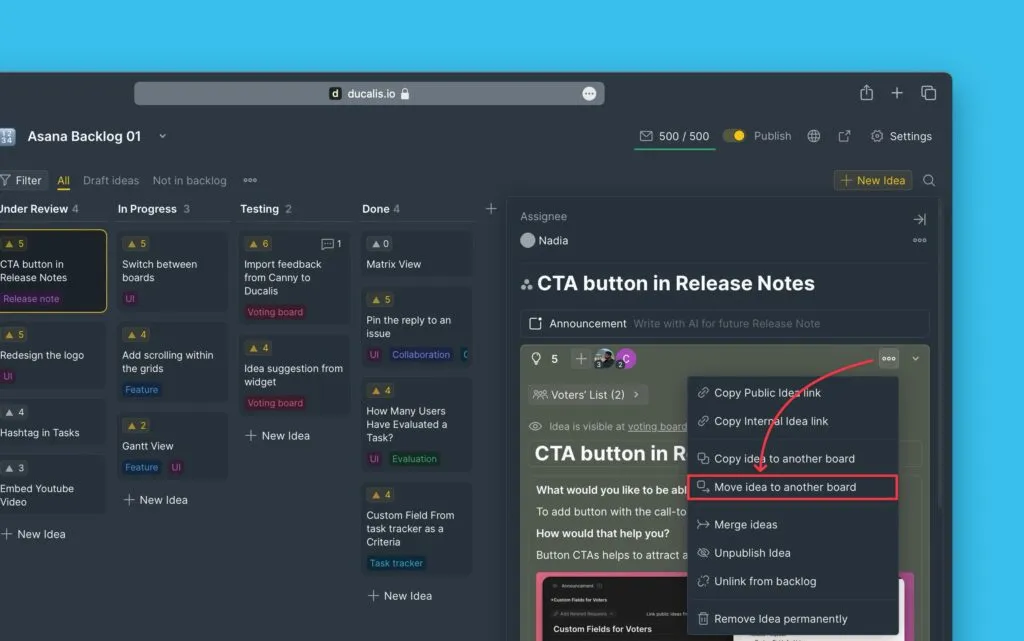 アイデアの移動メニューオプション