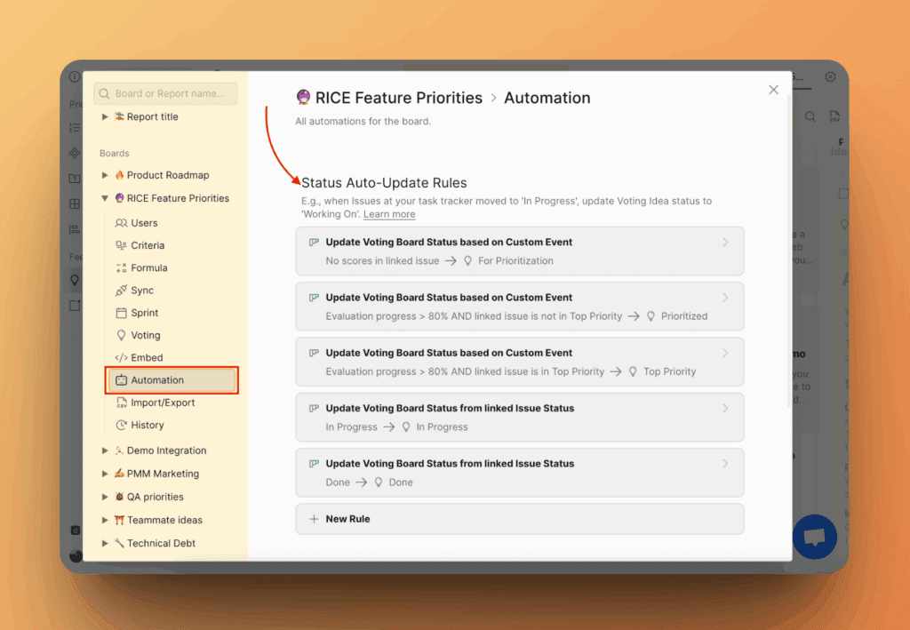 Menüoption Automatisierung