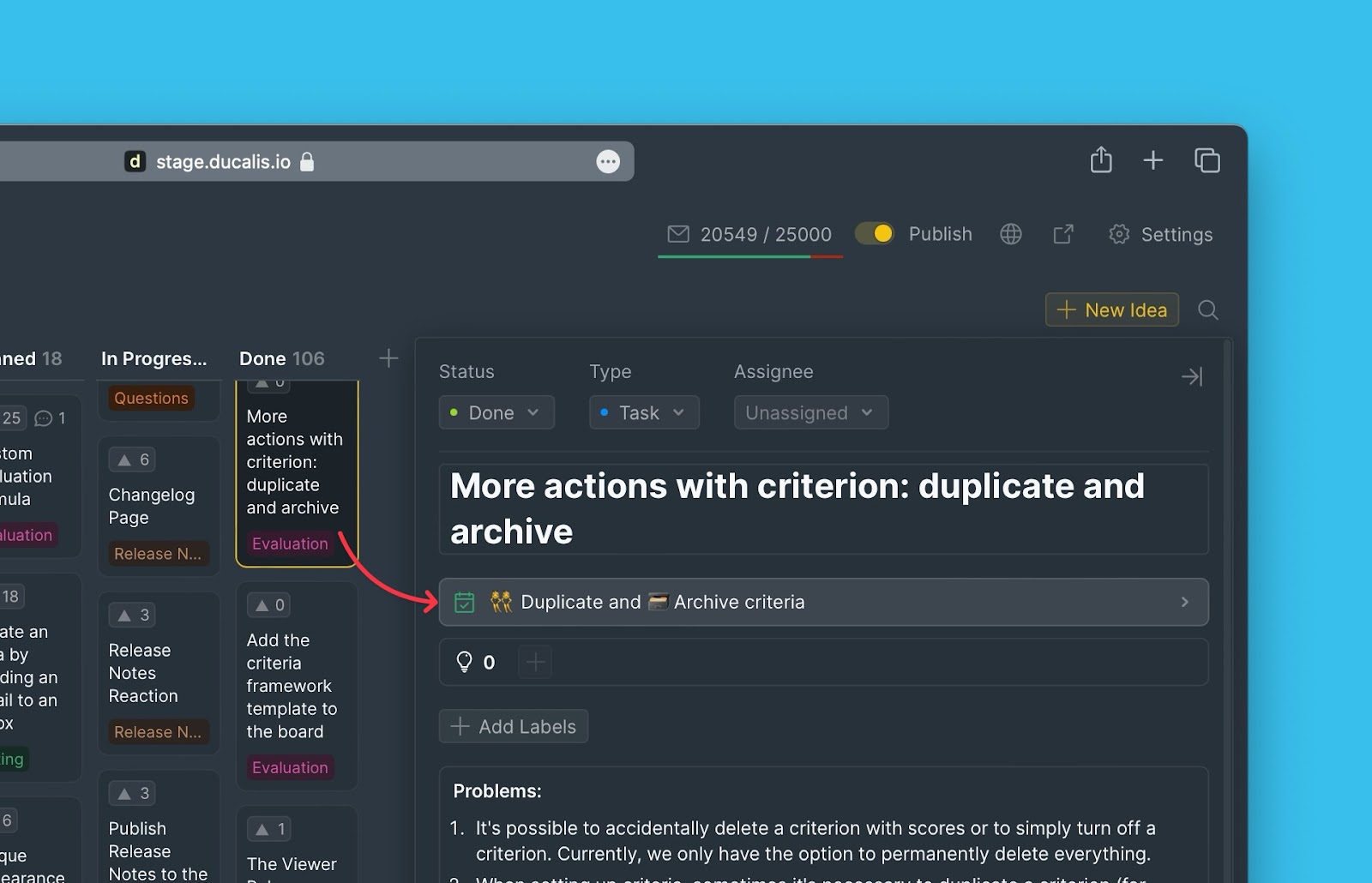 Block Ankündigung in Ideenkarte