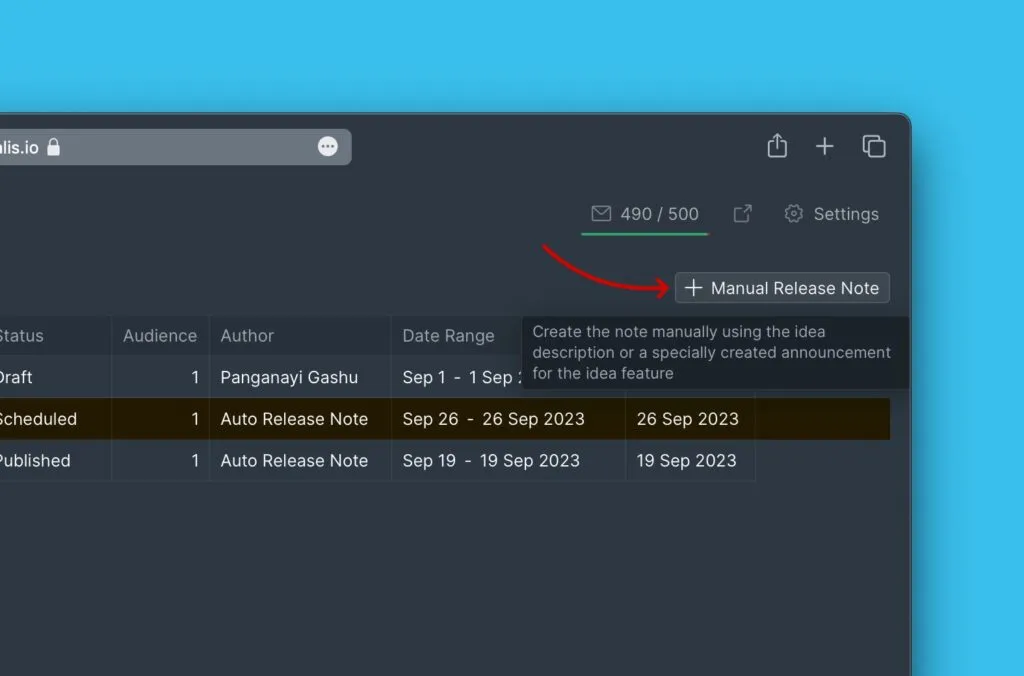 手動リリースノートボタン