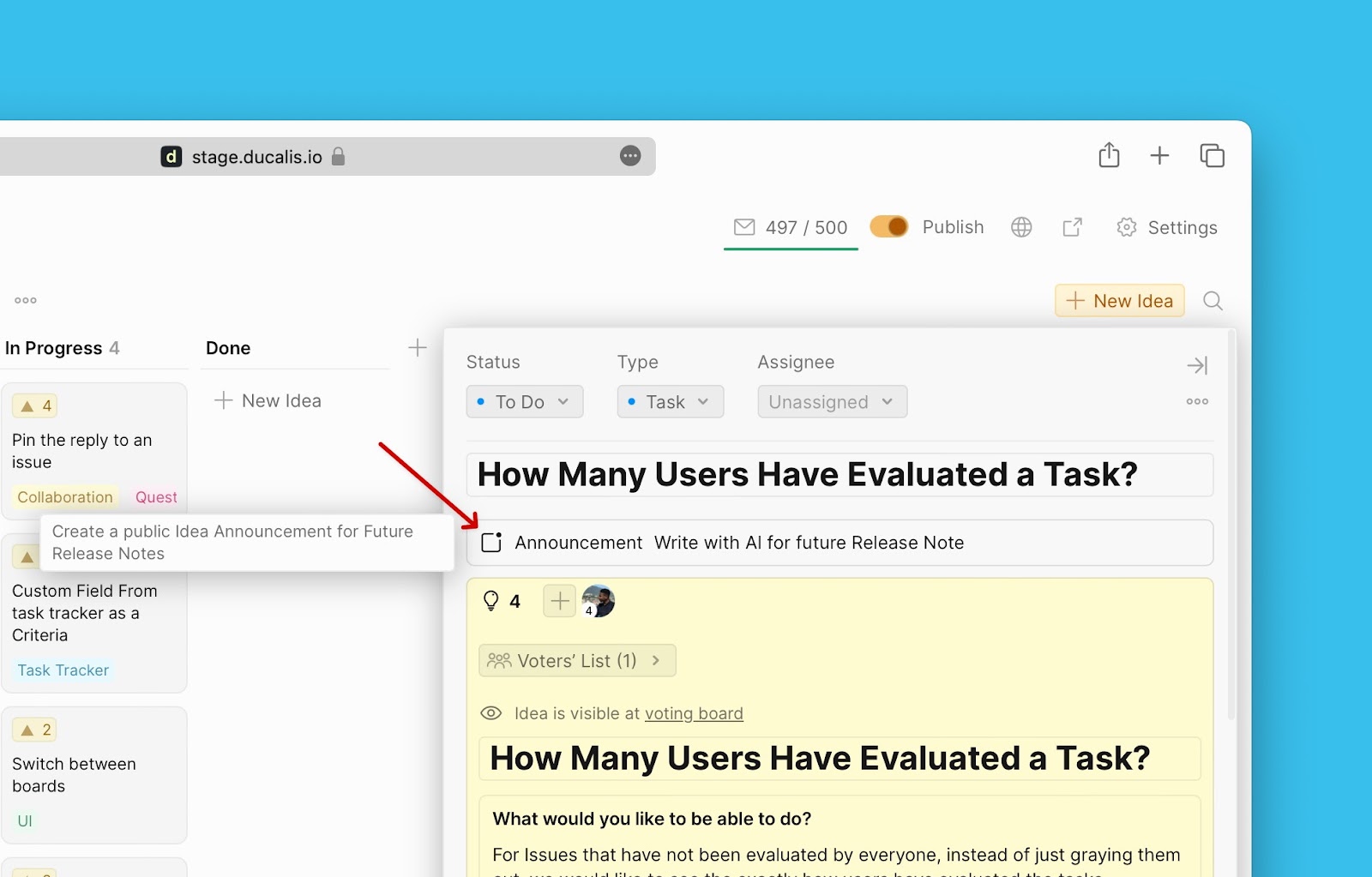 Auf Ankündigungsblock klicken, um KI-Generierung auszulösen