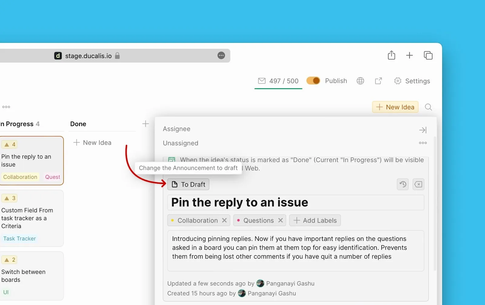 アナウンスを下書きに戻す
