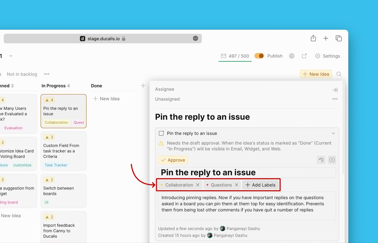 Labels zur Ankündigung hinzufügen