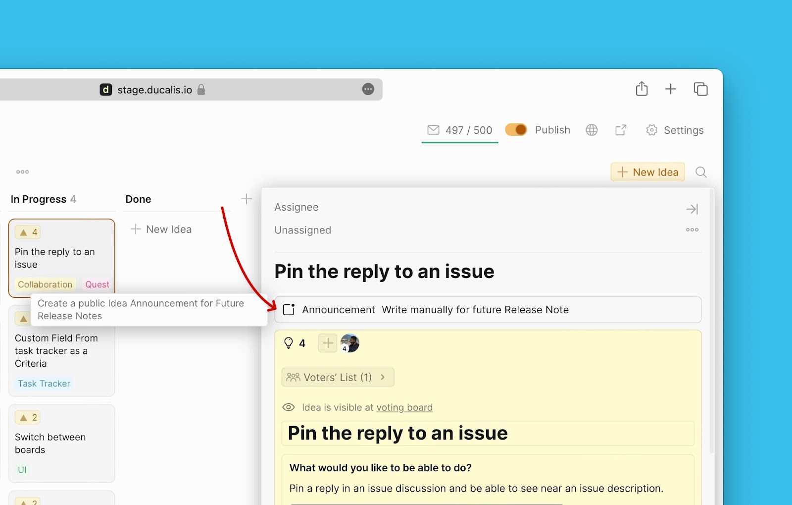 Ankündigungsblock auf der Idee-Karte