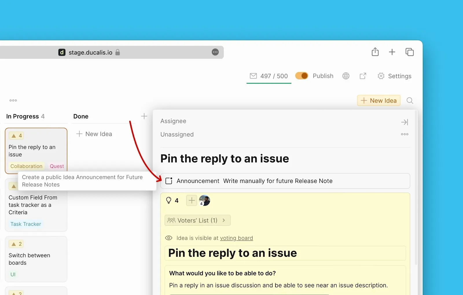 アイデアカードのアナウンスブロック
