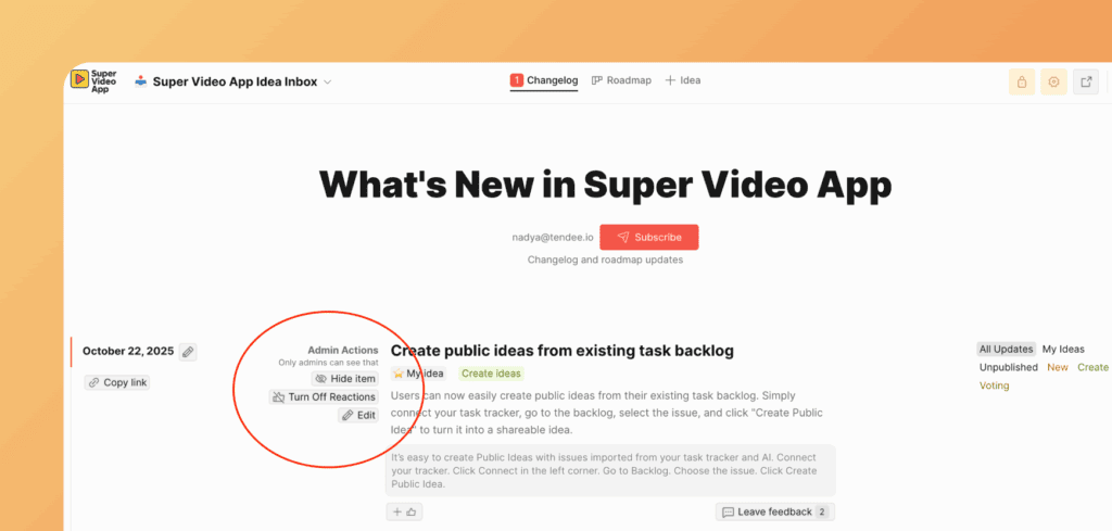 Bearbeitungsoberfläche für Ankündigungen