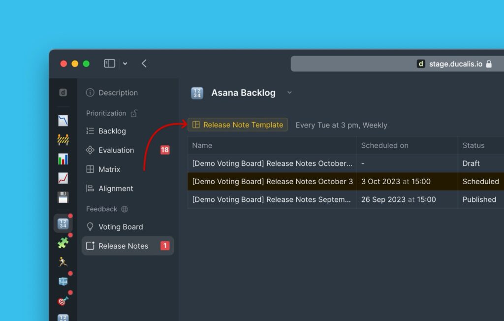 Position der Release Note Template Schaltfläche