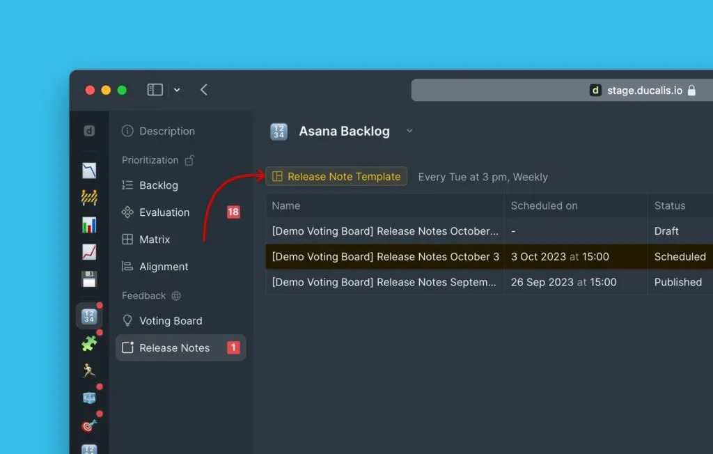 リリースノートテンプレートボタンの位置