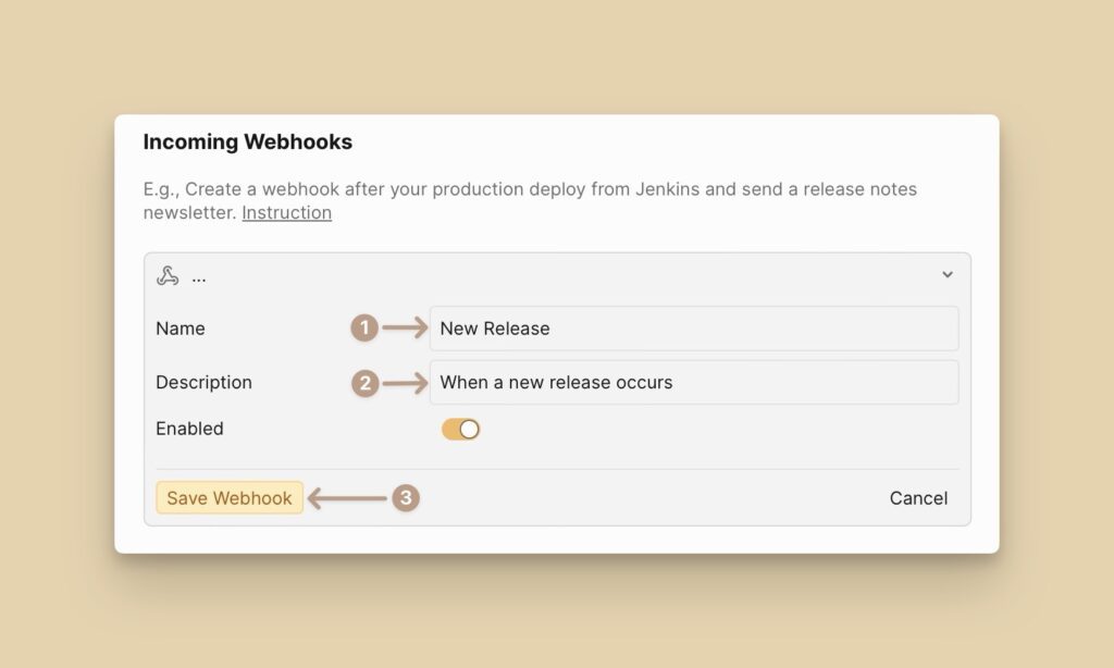 Formular für Webhook-Name und -Beschreibung